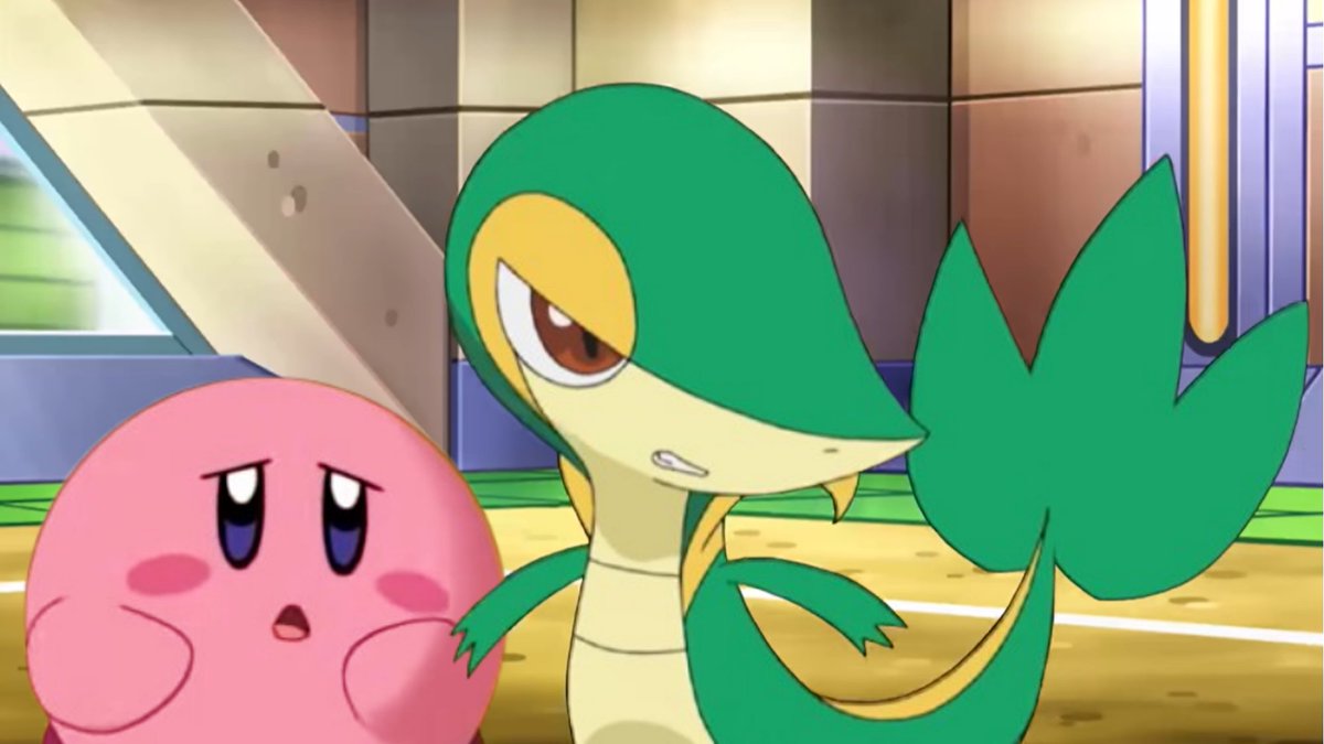 MF260VA's tweet image. Now the opposite! Kirby edited into Pokémon 🐍⭐
#kirby #snivy #ツタージャ