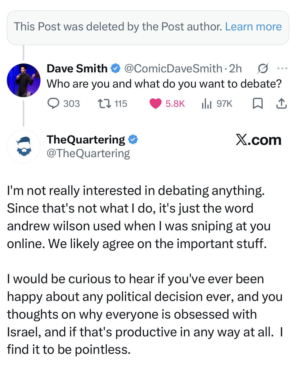 Funniest interaction of the day wherein this guy stupidly challenges a debate with <a href="/ComicDaveSmith/">Dave Smith</a> , debate is accepted, then he backs out like a coward and deletes his post 🤣🤣