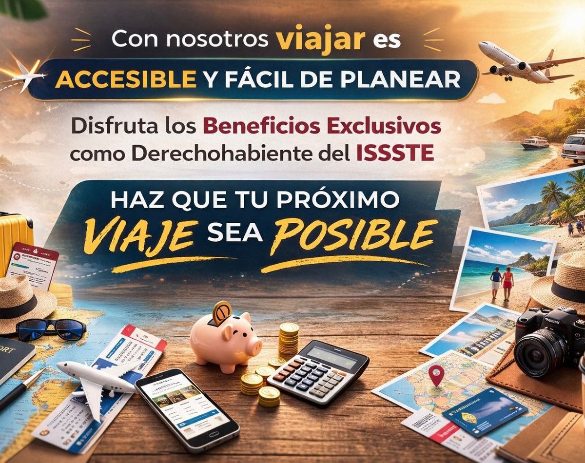 Planear tu viaje puede ser más sencillo de lo que imaginas. ✈️

Con nosotros es accesible y fácil de organizar.
Y si eres derechohabiente <a href="/ISSSTE_mx/">ISSSTE</a> , tienes beneficios que te ayudan a hacerlo realidad. ✨

Ahorra, organiza y viaja.
Haz que tu próximo viaje sea posible. 🌎