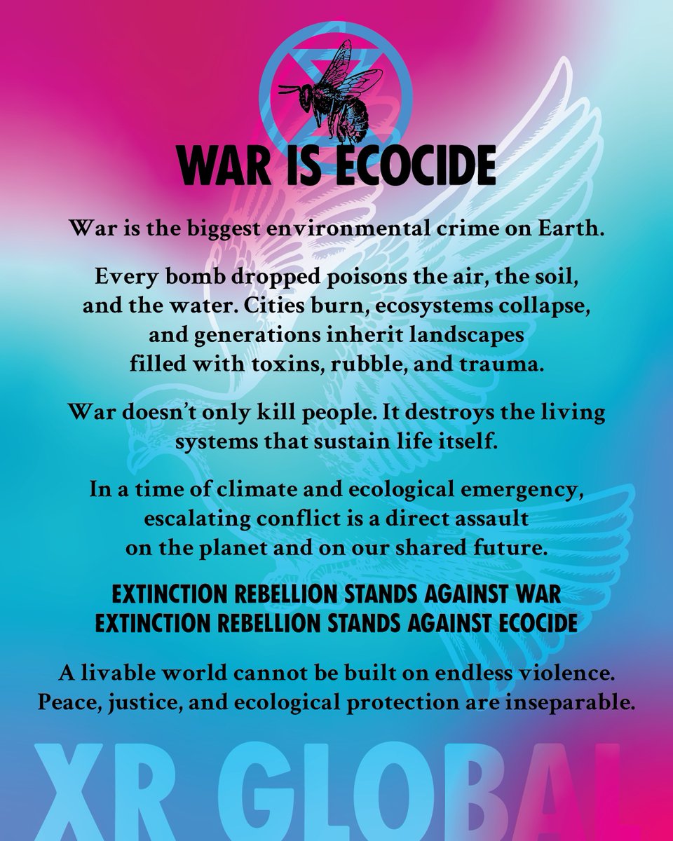 War is the biggest environmental crime on Earth.

Every bomb dropped poisons the air, the soil, and the water. Cities burn, ecosystems collapse, and generations inherit landscapes filled with toxins, rubble, and trauma. War doesn’t only kill people. It destroys the living systems
