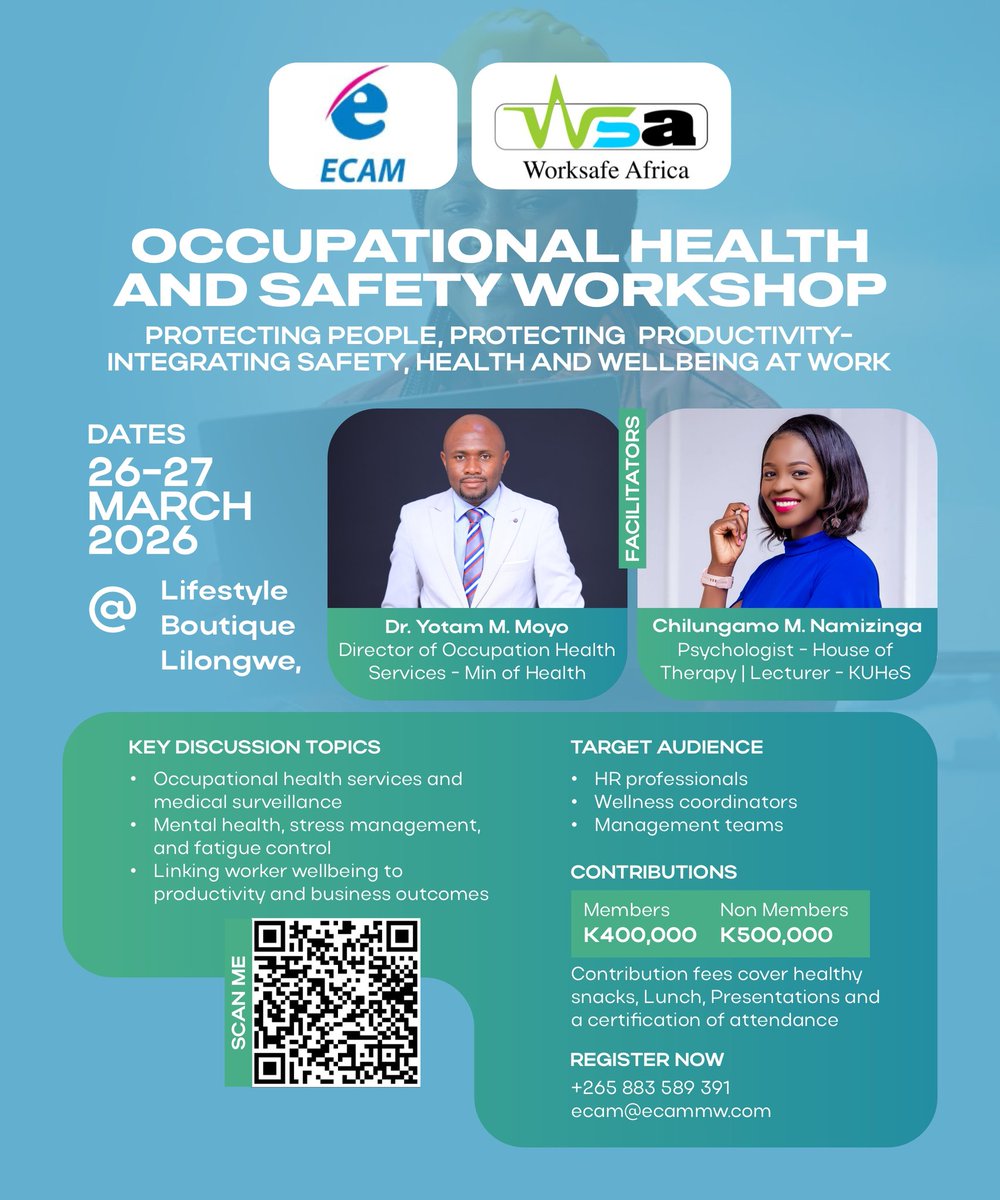 ecam_m's tweet photo. The Employers’ Consultative Association of Malawi (ECAM) in Association with Worksafe Africa invites you to an Occupational Safety and Health Workshop designed to equip organisations with practical tools to integrate safety, health and wellbeing into workplace SYSTEMS.

 JOIN US! https://t.co/BZYdhCW4z6