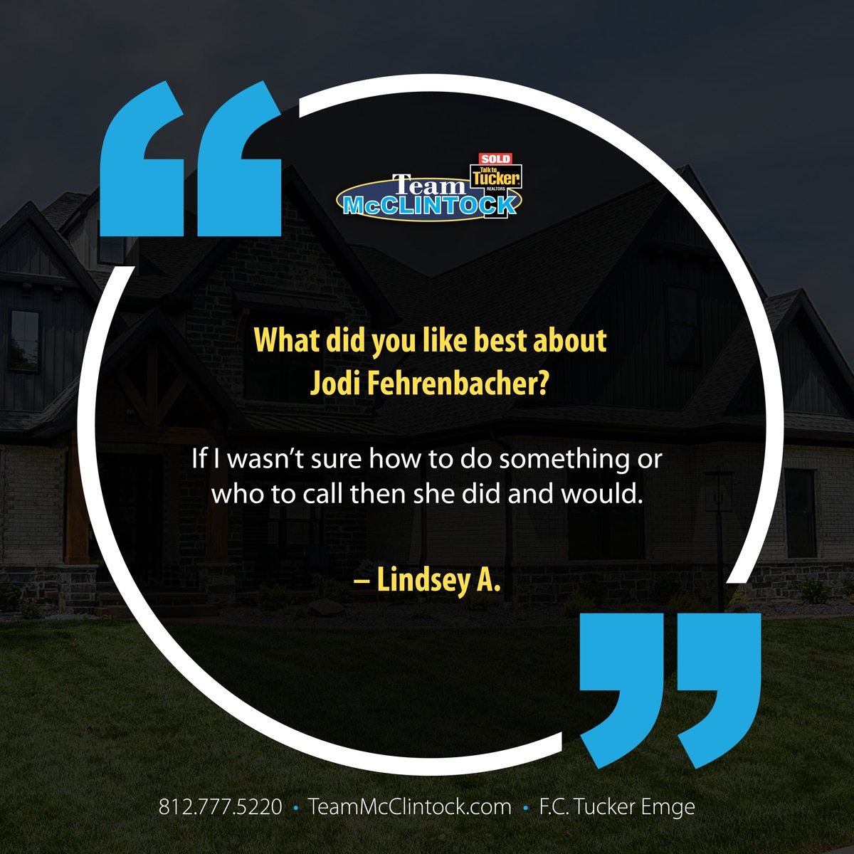 Need an agent who stays proactive and keeps things moving? Jodi Fehrenbacher can help.

Call/text 812-480-8886 to get moving today!

#EvansvilleRealEstate #NewburghRealEstate #TeamMcClintock #LetsTalk #TalkToTucker