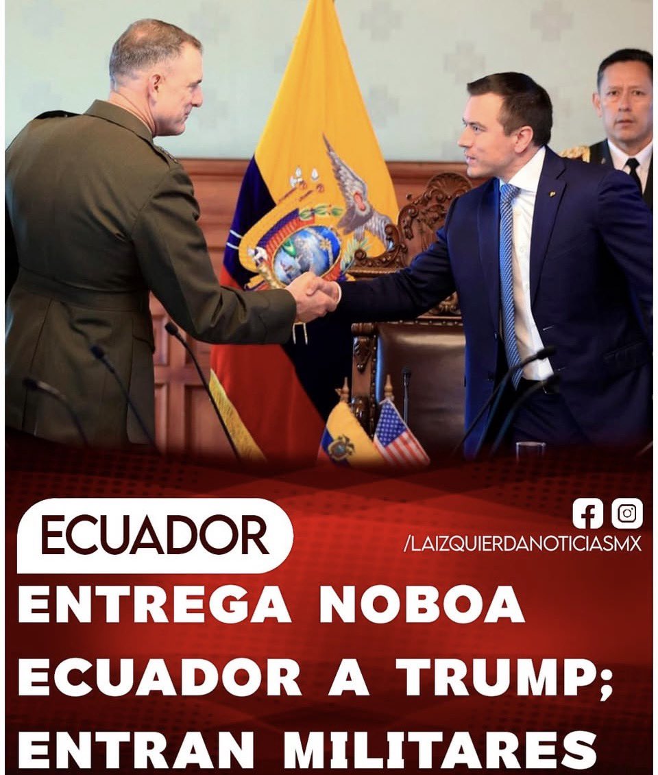 ENTREGUISTA El traidor vendepatrias Daniel Noboa entregó definitivamente Ecuador a su patrón Donald Trump. El facho ecuatoriano permitirá la entrada de las Fuerzas Armadas yanquis para "enfrentar" al crimen organizado, siendo una base militar más de los gringos imperialistas.