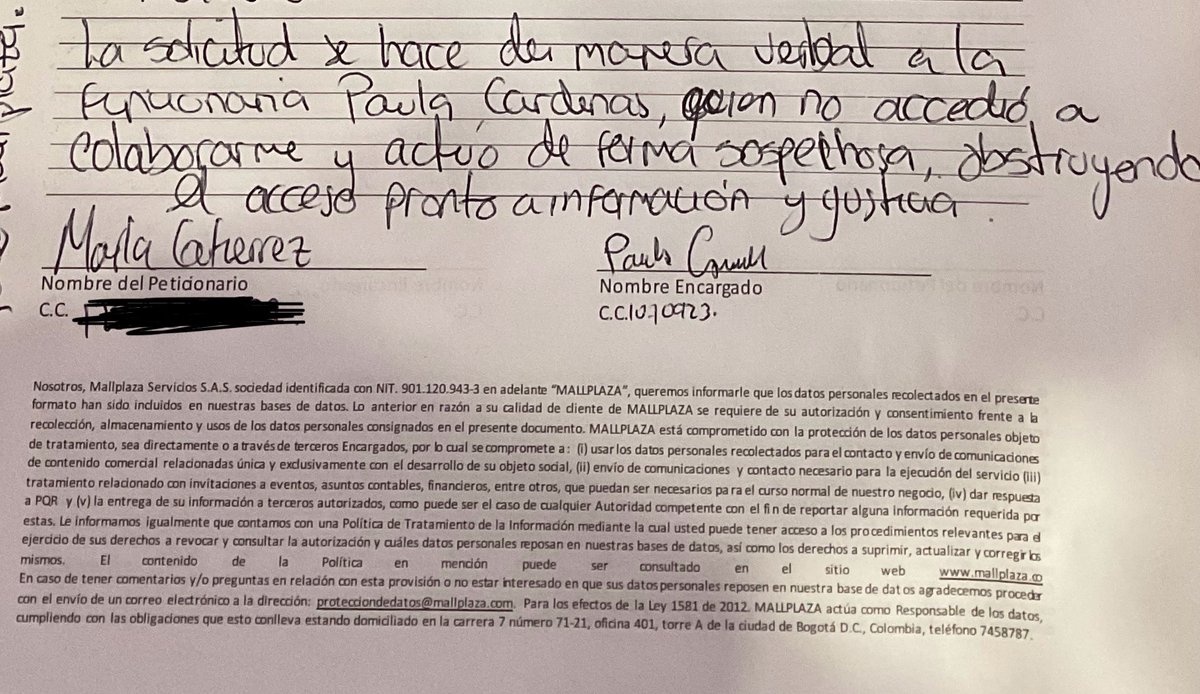 marlagutierreza's tweet photo. Que me responda @MallplazaCo: ¿Por qué sus funcionarios me dieron datos falsos cuando radiqué la queja para poder acceder a las cámaras?
¿Por qué no permitieron la identificación de los ladrones para que el Gaula pudiera recuperar mis partencias?
Ya puse esto en conocimiento de la fiscalía @SeguridadBOG @FiscaliaCol