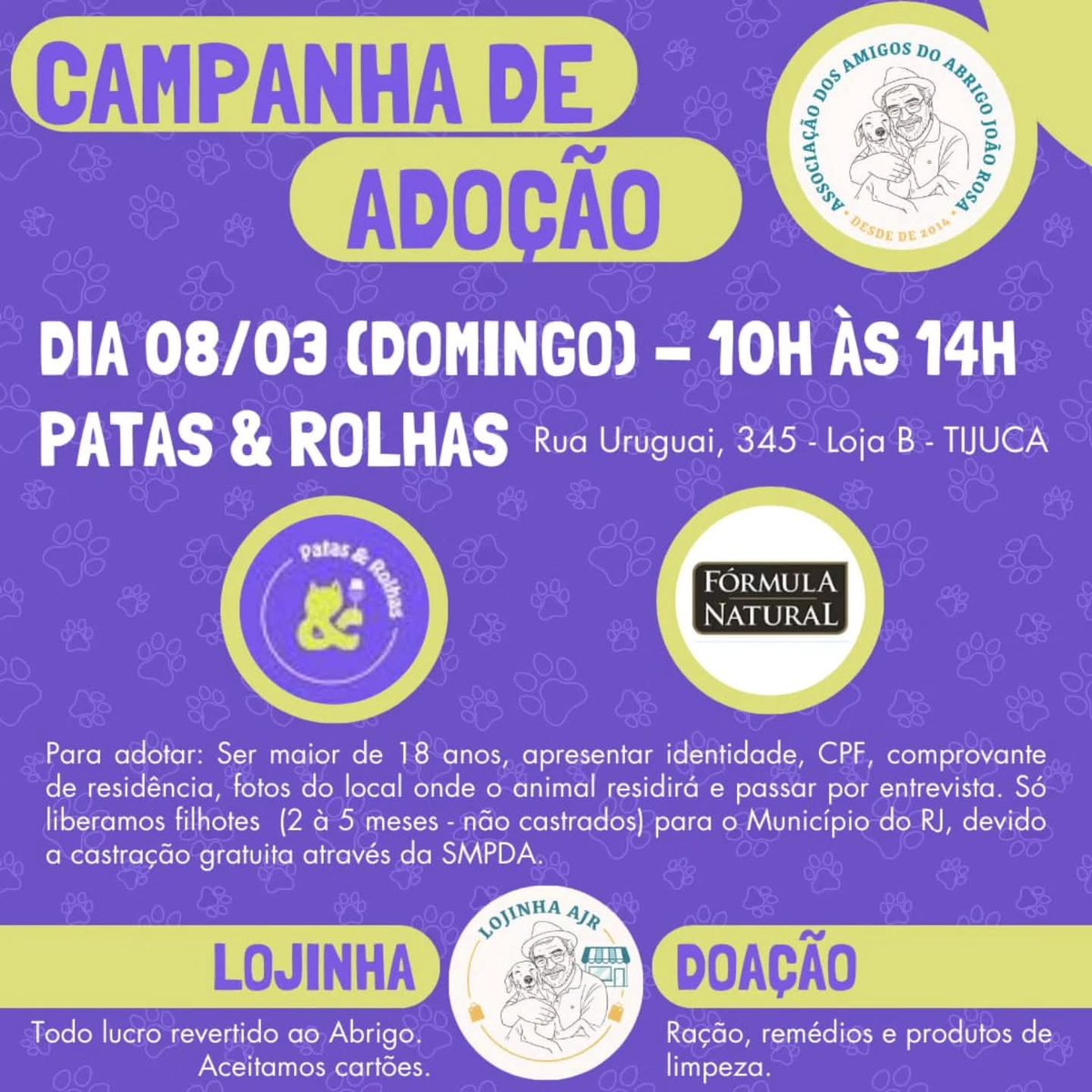 abrigojoaorosa's tweet photo. Quer um domingo especial para encontrar seu amor de 4 patas?! Então, vem com a gente! ❤️🐶

📅 Data: 08/03 (domingo)
⏰ Horário: 10h às 14h
📍 Local: Patas &amp; Rolhas – Rua Uruguai, 345 / Lj. B – Tijuca

💚 A campanha tem o apoio da Fórmula Natural https://t.co/1wXJkwp7os