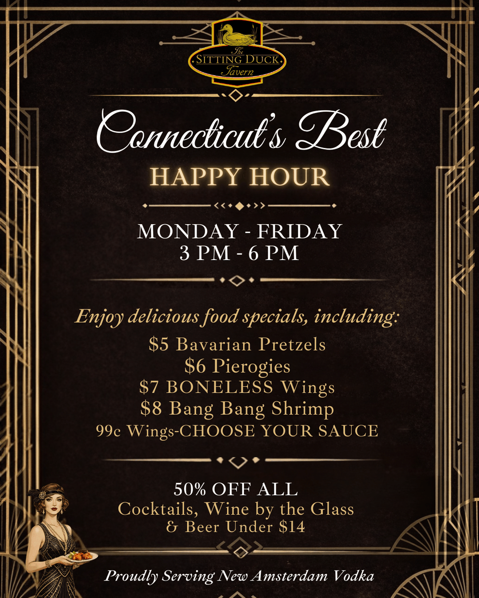 Your week just got a whole lot better! Join us for Happy Hour, Monday to Friday from 3-6 PM. 🍻

It's the perfect way to unwind after a long day. 
sittingducktavern.com

#SittingDuckTavern #CommunityFirst #LocalEats #OxfordCT #StratfordCT #TrumbullCT