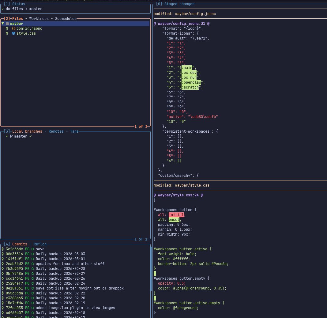 pgrenn's tweet photo. Here's a quick Omarchy waybar tweak I found to be useful - naming your workspaces.  
You still use Super + 1/2/3/4/5 to switch between. This just gives a name to them.   Also added an active green underline to highlight active workspace.  

I just used claude code on my config files to do this.  love how easy it is to customize everything in Omarchy.
