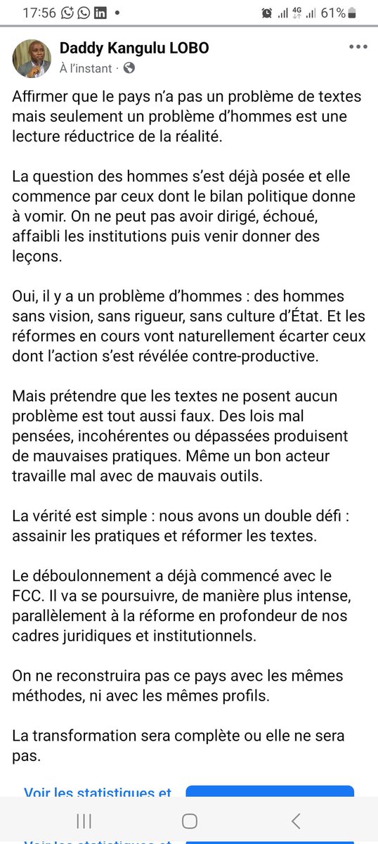 Affirmer que notre pays n’a pas un problème de textes mais uniquement un problème d’hommes est une lecture réductrice de la réalité. La crise que nous traversons est à la fois institutionnelle, politique et morale.
#RDC #DRC <a href="/lusakuenoc/">Christian LUSAKUENO</a> <a href="/ThierryKambundi/">Thierry Kambundi</a> <a href="/TopCongo/">TOP CONGO FM</a> 
<a href="/PLukwebo/">Modeste Bahati Lukwebo</a>