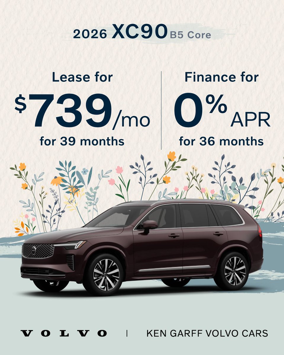 KenGarffVolvo's tweet photo. Elevate your drive with the 2026 XC90 B5 Core. Lease for $739/month for 39 months or finance at 0% APR for 36 months*.

Shop now: https://t.co/Pntzr1xVZr

*See dealer for details. Offer expires 3/31/26. https://t.co/Zj0qEg6guo