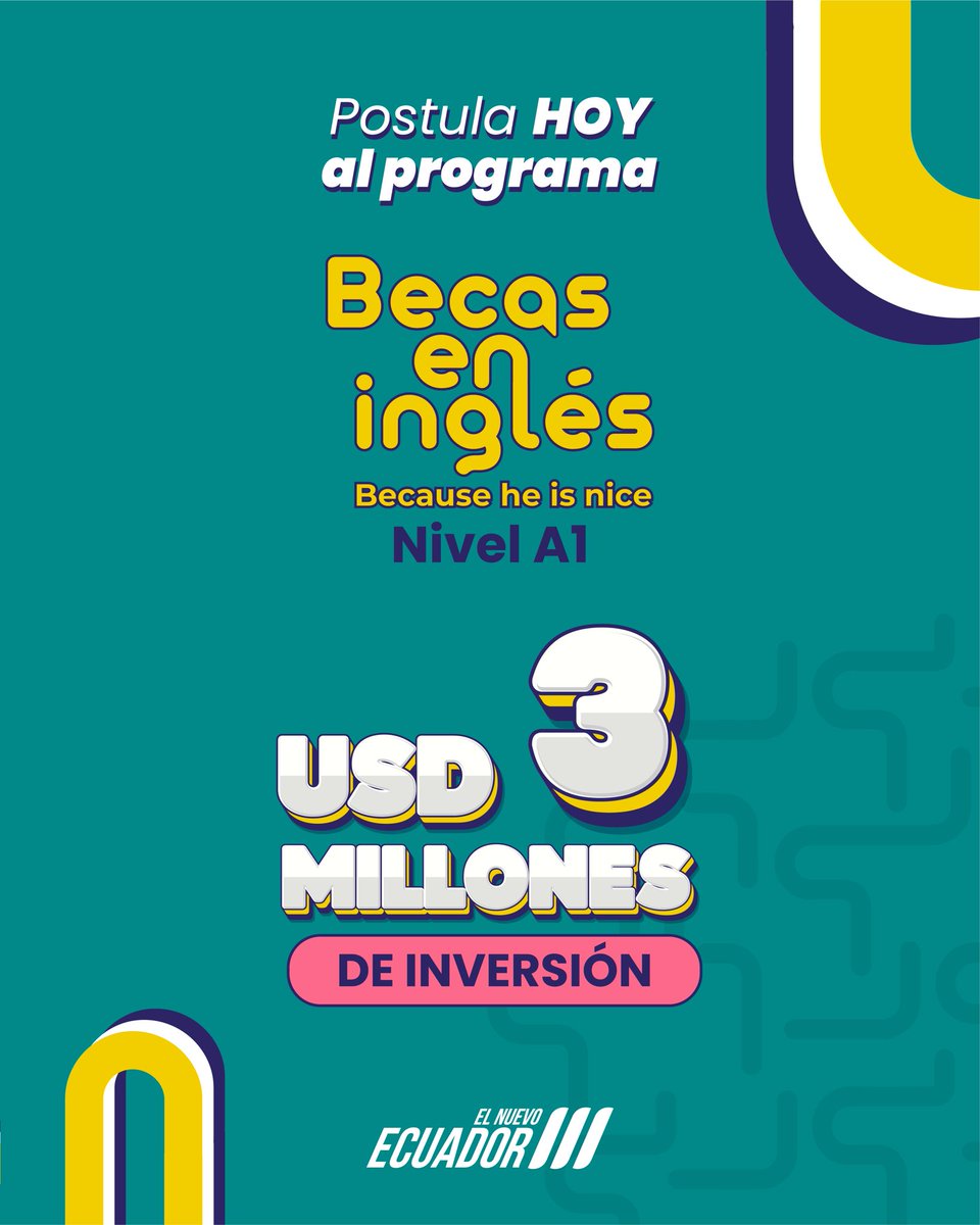 EduSuperiorEc's tweet photo. ¿Viajar, estudiar en el exterior o conquistar nuevos mercados? ✈️

¡Todo es posible cuando hablas inglés! El programa #BecauseHeIsNice convierte tus sueños en metas. Aprovecha una de las 150.000 becas para el nivel A1.

🔗 Postula 👉  https://t.co/KvF0CBiS0c

#ElNuevoEcuador 🇪🇨 https://t.co/930s3GAOia