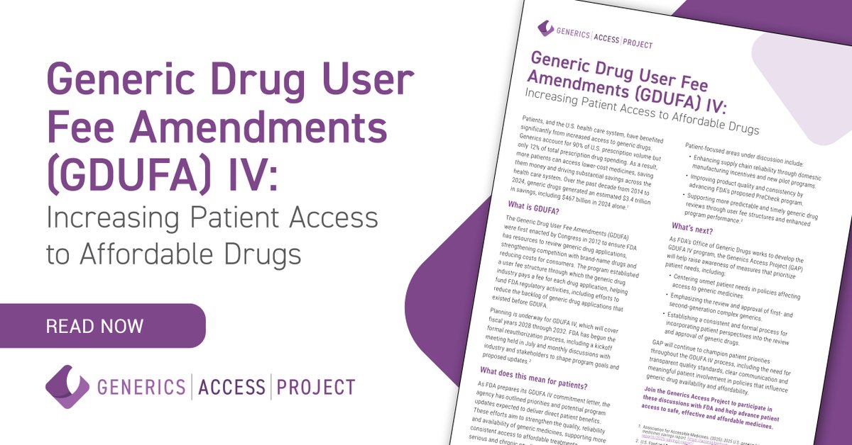 GenericsProject's tweet photo. GAP will continue to champion patient priorities throughout the GDUFA IV process, including the need for transparent quality standards, and meaningful patient involvement in policies that influence generic drug availability and affordability.

Learn more: https://t.co/qz6JJSSoMx https://t.co/APbLPrSGSM