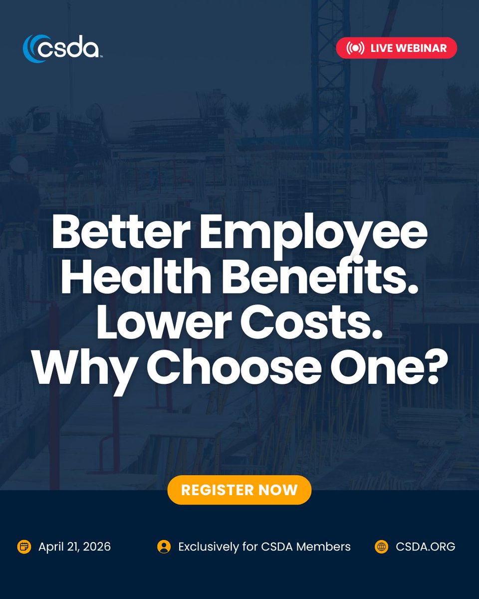 CSDAconcrete's tweet photo. How Employers Can Enhance Benefits and Reduce Costs
📅 April 21, 2026
🕐 1:00 p.m. CST
💲 No Charge | Members Only
🔗 Register: https://t.co/uRZwoxkbRJ
Not a CSDA member? Join today to attend! https://t.co/AuHOJ19W63