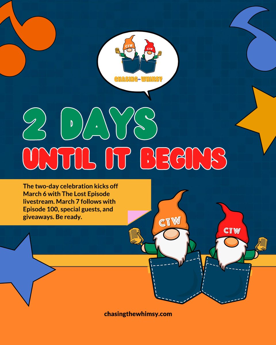 ChaseTheWhimsy's tweet image. 2 days until The Lost Episode livestream! 🎉 Join us on March 6 and don’t miss Episode 100 with special guests &amp;amp; giveaways on March 7! Head to youtube.com/@ChasingtheWhi… and get ready! ⏰ #ChasingTheWhimsy  #2DaysToGo #AlmostTime #LivestreamWeek #Episode100 #FinalCountdown #BeReady