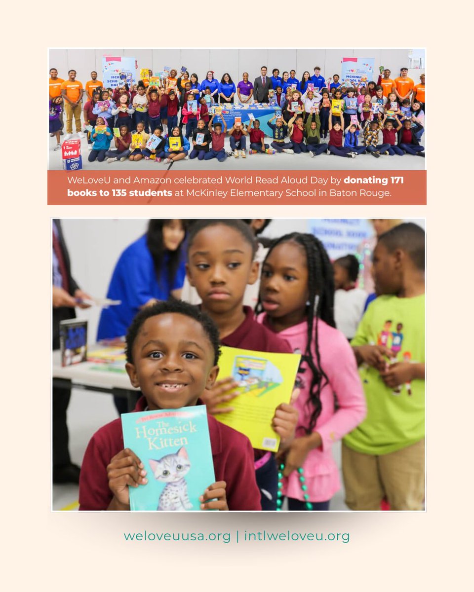 weloveuusa's tweet image. In celebration of World Read Aloud Day, #WeLoveU joined hands with @Amazon to donate 171 brand‑new books to 135 students at McKinley Elementary School!

#BookDrive #WorldReadAloudDay #EducationForAll #CommunityLove #ReadingIsPower #Education #Louisiana