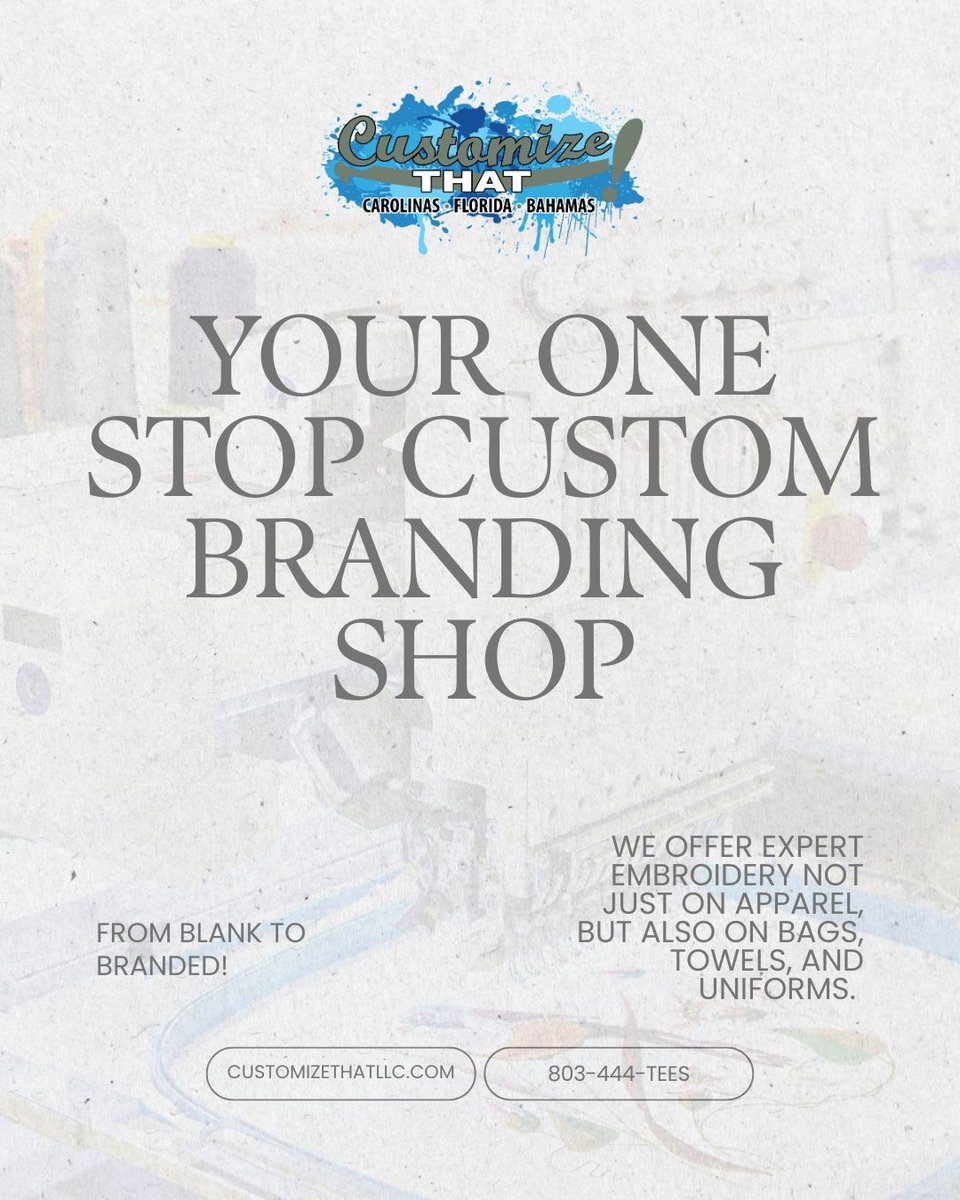 Customize_That's tweet photo. From blank to branded, we bring your vision to life on apparel, bags, towels, and uniforms with expert embroidery—new to the area, not new to the business! 📞 803-444-TEES #CustomEmbroidery #LocalBusiness #QualityCraftsmanship #PromoProducts #BrandElevate https://t.co/pQ08C5Hkgd