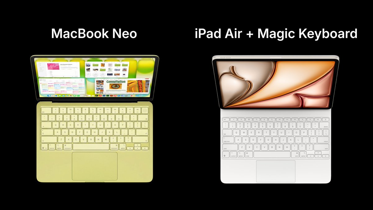 immasiddx's tweet image. So the MacBook Neo is basically an iPad Air with a Magic Keyboard… and macOS.