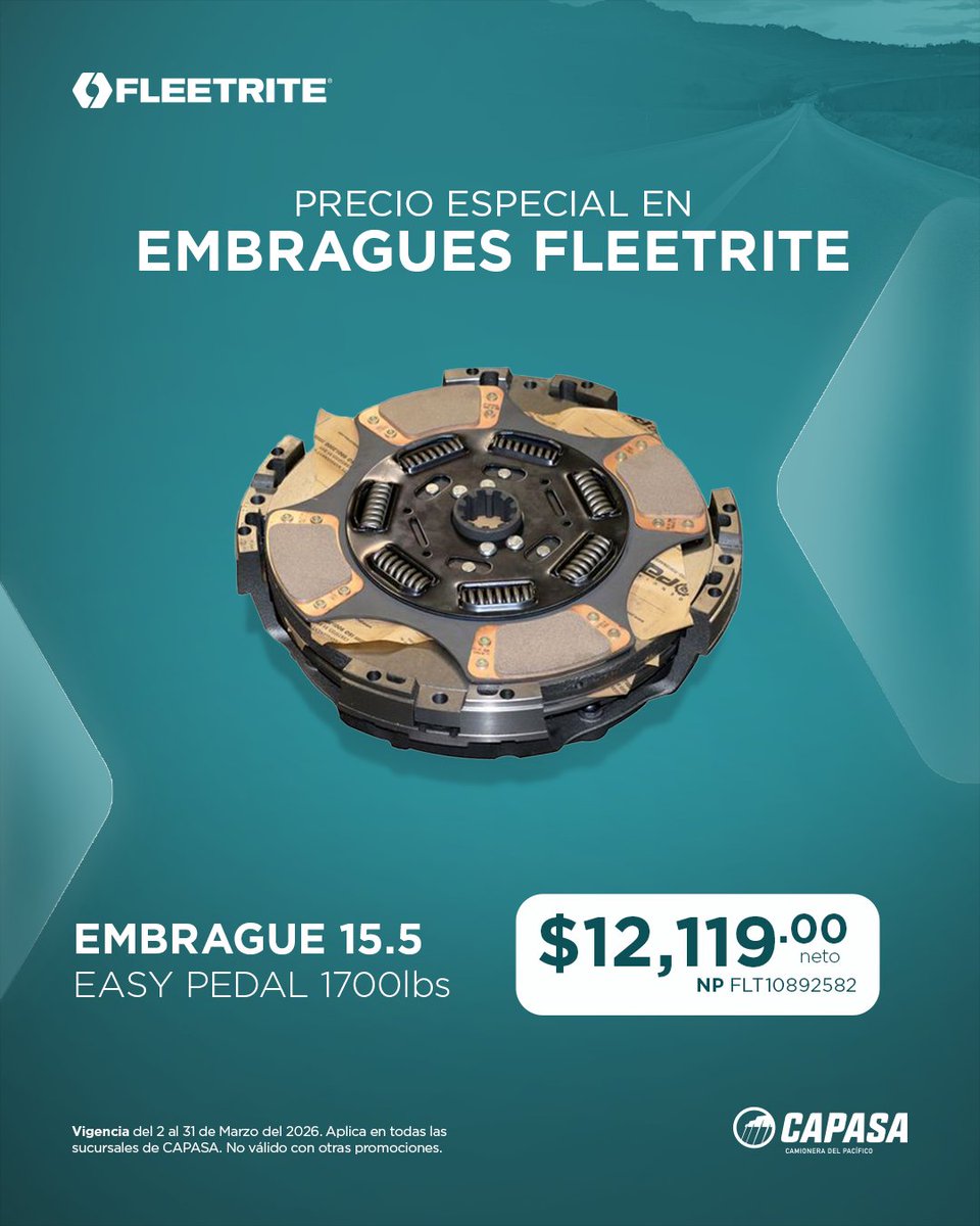 CAPASAmx's tweet image. Un embrague eficiente protege el tren motriz y mantiene respuesta firme en cada cambio.

Embragues #Fleetrite a precio especial para trabajo pesado y carga constante.

Ingeniería que sostiene productividad en carretera.

📅 Válido al 31/03/26
📍 #CAPASA
📲 Cotiza con tu promotor.