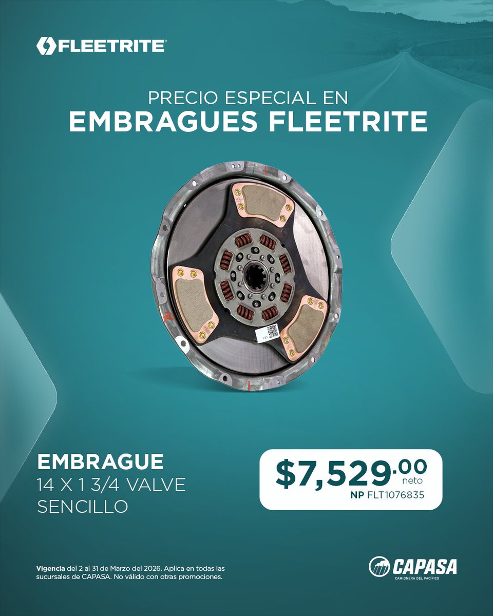 CAPASAmx's tweet image. Un embrague eficiente protege el tren motriz y mantiene respuesta firme en cada cambio.

Embragues #Fleetrite a precio especial para trabajo pesado y carga constante.

Ingeniería que sostiene productividad en carretera.

📅 Válido al 31/03/26
📍 #CAPASA
📲 Cotiza con tu promotor.