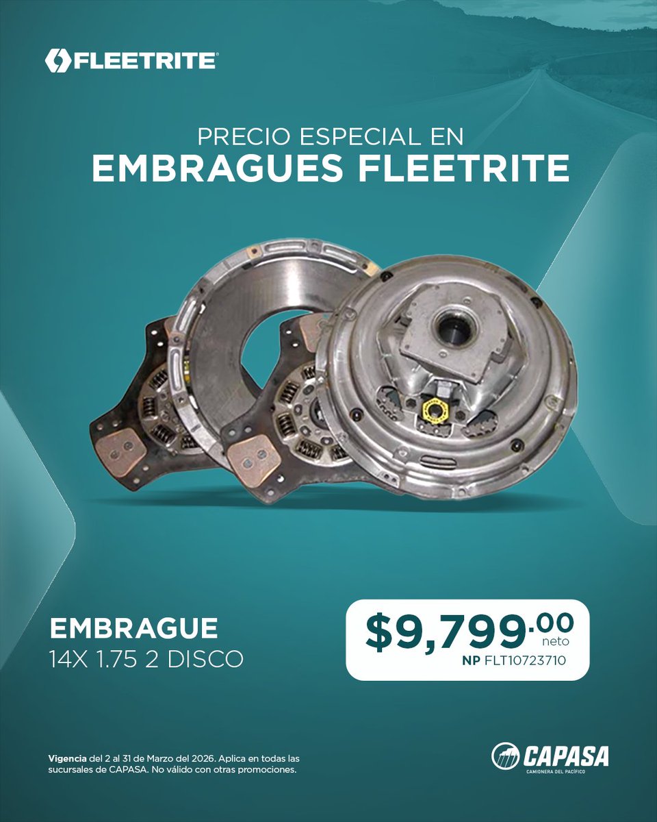 CAPASAmx's tweet image. Un embrague eficiente protege el tren motriz y mantiene respuesta firme en cada cambio.

Embragues #Fleetrite a precio especial para trabajo pesado y carga constante.

Ingeniería que sostiene productividad en carretera.

📅 Válido al 31/03/26
📍 #CAPASA
📲 Cotiza con tu promotor.