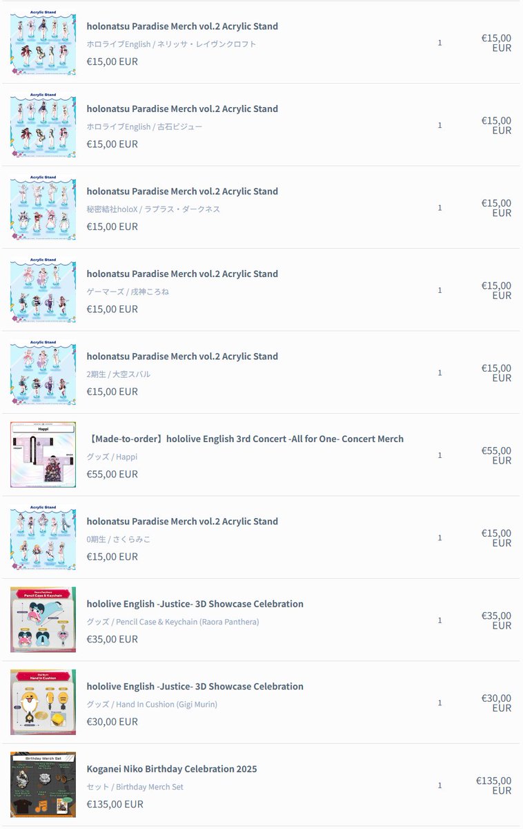 JAVStyl0r's tweet photo. @koganeiniko Your merch got sent out today (with some Holonatsu Paradise standees, EN-Fes and Justice 3D merch). Hope to get it on the weekend. The sunglasses other people posted look really cool. 
Yesterday I got Subaru's and Kiwawa's 2025 Birthday sets. Great week for collecting autographs. https://t.co/aU36aW1GYi