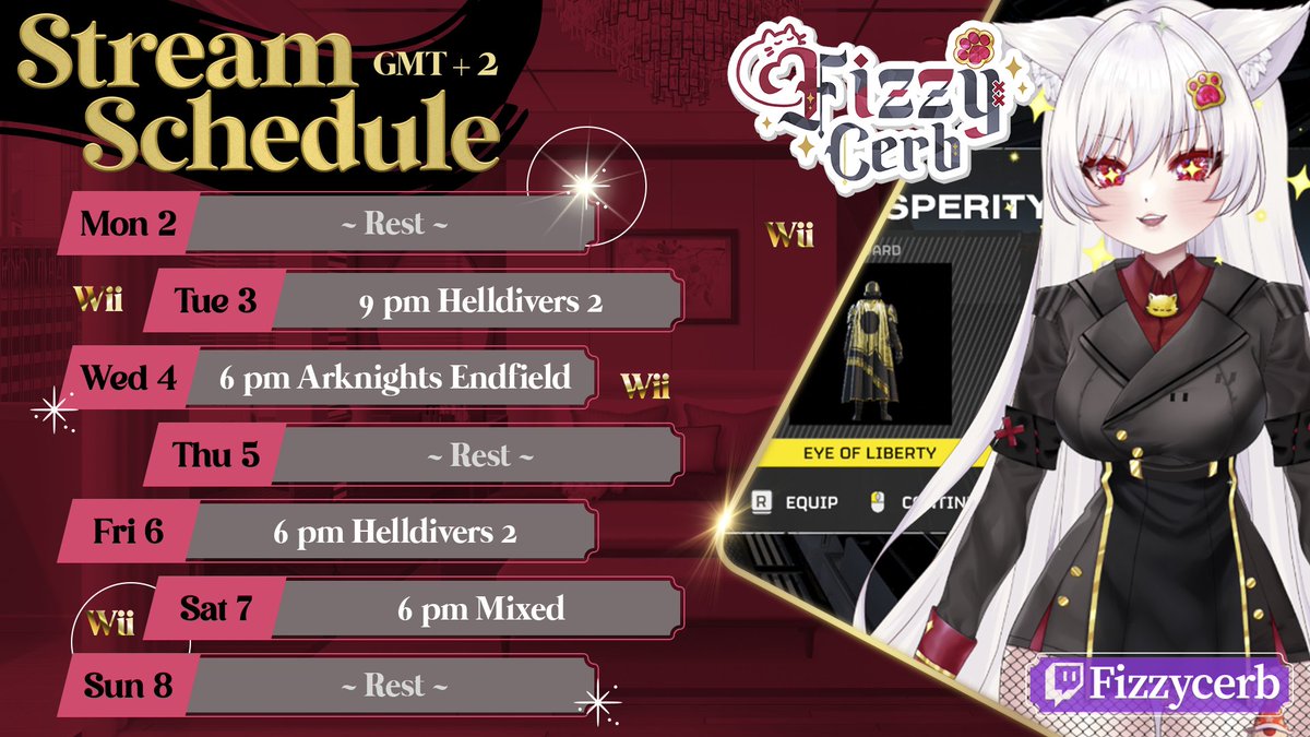 Good morning~ its been a whole 9 kittens ago but schedule is here nya! #helldivers2 

We starts wednesday with some diving then we hit dirt and paw the watermelon!~