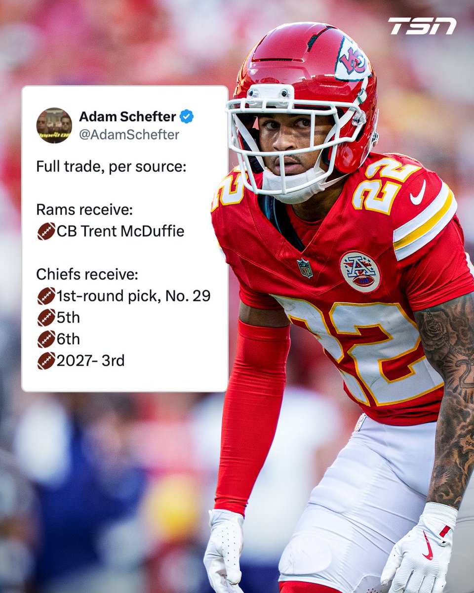 BREAKING: The Kansas City Chiefs have traded CB Trent McDuffie to the Los Angeles Rams in exchange for multiple draft picks including a first rounder, per <a href="/AdamSchefter/">Adam Schefter</a>.
