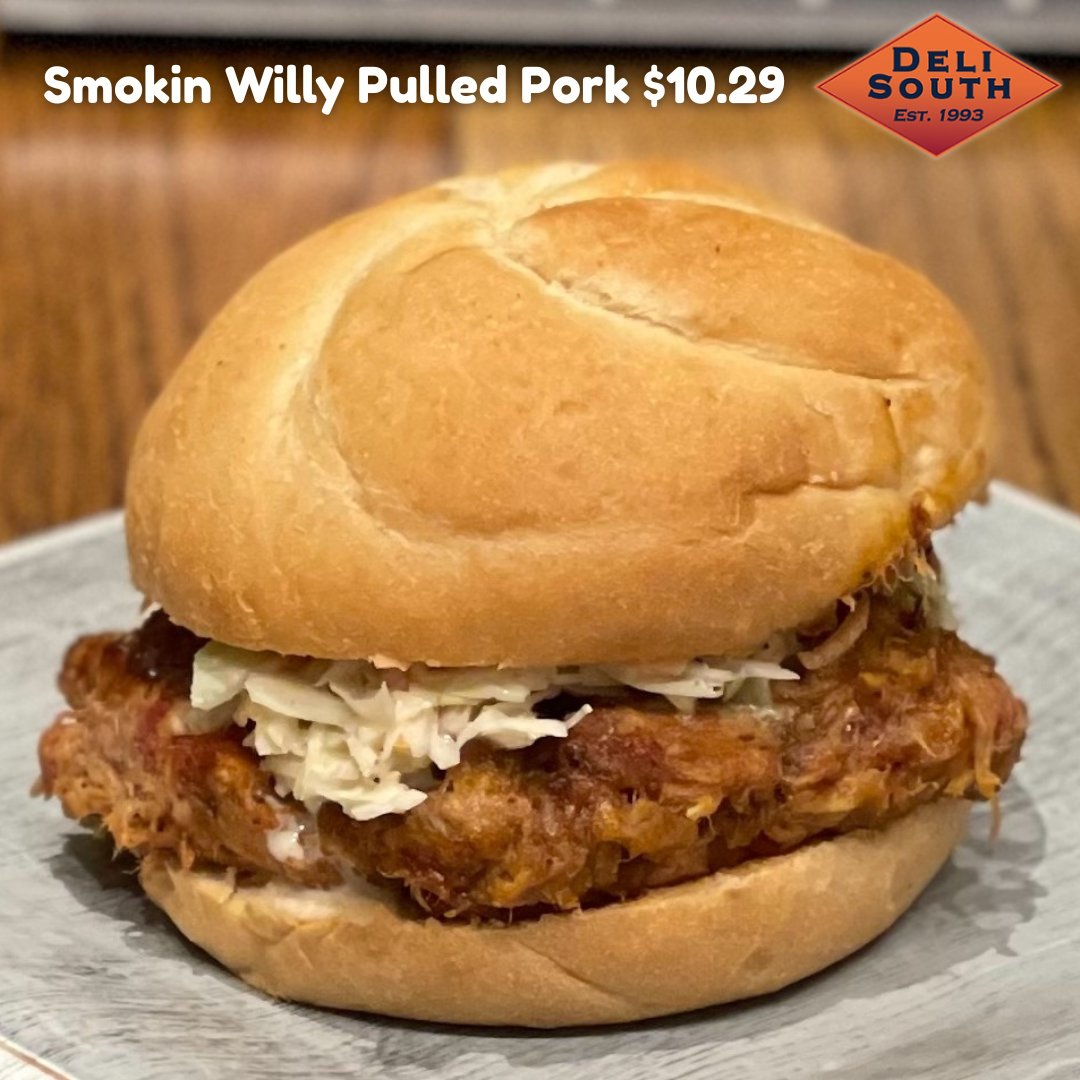 TheDeliSouth's tweet photo. Slow-smoked, tender pulled pork piled high on a soft bun and finished with creamy slaw—this one brings the flavor in every bite. A hearty, satisfying favorite straight from Smokin Willy.

💲 $10.29
📍 Deli South — come hungry! https://t.co/mme8A5DgBC