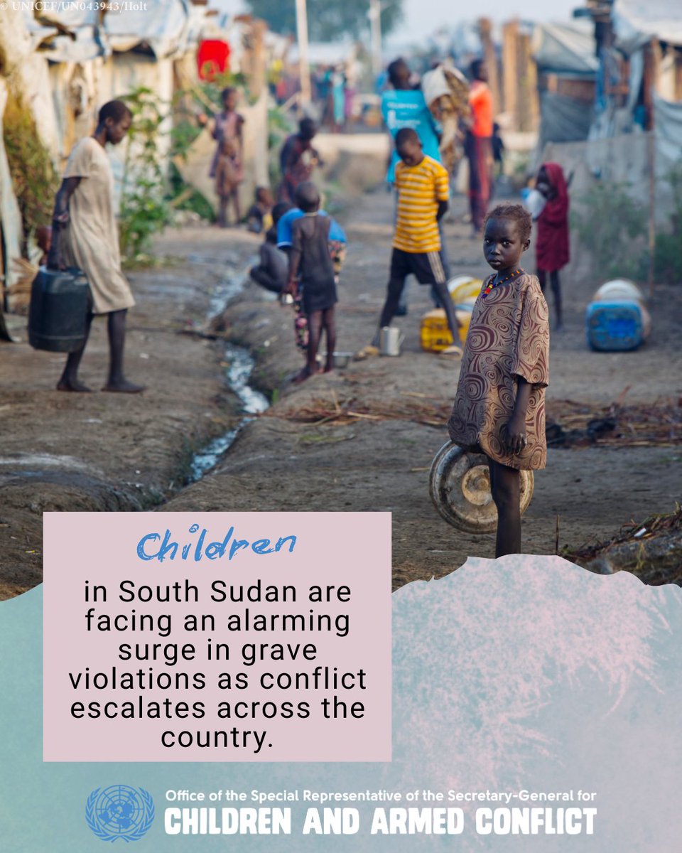 childreninwar's tweet photo. South Sudan’s children are facing an alarming surge in grave violations amid escalating conflict. As hostilities intensify across the country, children are paying the highest price.  Read SRSG CAAC

@_VanessaFrazier's full statement: https://t.co/Mv2Kt2bgI2 

#ProveItMatters https://t.co/uOiLSCWwnb