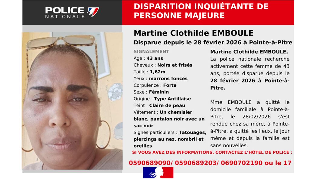 🙏🏾🚔✊🏾Disparition inquiétante : pouvez-vous aider à retrouver Martine Emboulé ?
➕d'infos👉🏾la1ere.franceinfo.fr/guadeloupe/gra…