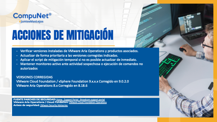 CompunetChile's tweet photo. 🚨 #AlertaDeSeguridad

CISA incorporó vulnerabilidad crítica en #VMware Aria Operations al catálogo KEV por explotación activa (CVE-2026-22719, CVSS 8.1).

Afecta versiones 8.x y entornos Cloud Foundation 9.x.x.x.

🔎 Recomendación: actualizar de inmediato y reforzar monitoreo. https://t.co/fdMymc3UtA