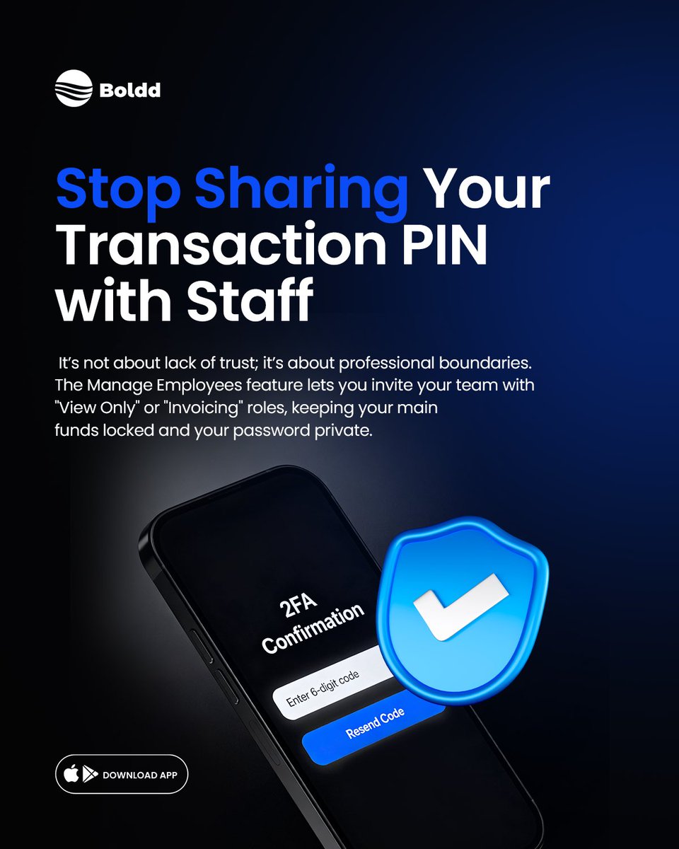 bolddhq's tweet photo. Stop gatekeeping growth because you’re afraid to share your PIN. 
With Boldd, you can invite your team with "View Only" or "Invoicing" roles. 
Keep your master password private and your funds locked while your staff gets the job done. 

#Boldd #Fintech #BusinessSecurity #SME https://t.co/lrcNoBgTXf