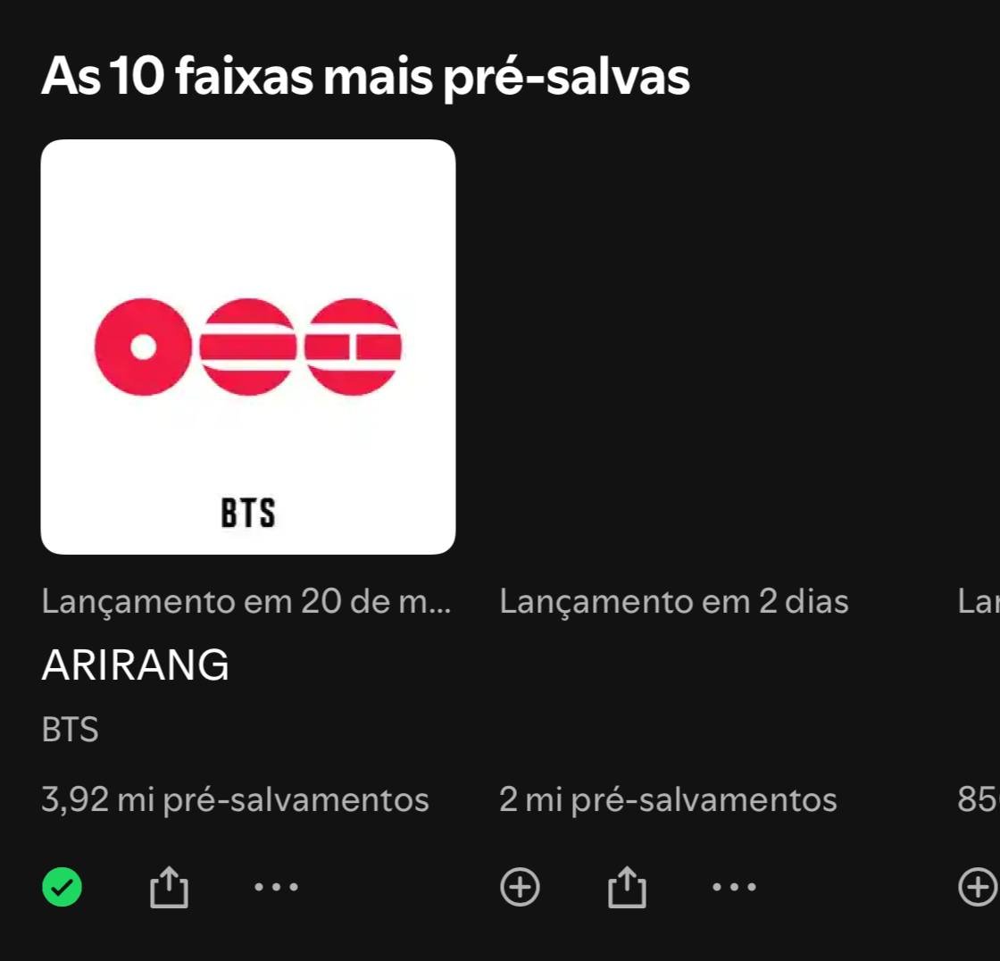 📊| Spotify  — Top 10 Countdowns

#1 • ARIGANG — 3.92M pré-salvos (+60K)

PRE SAVE EM ARIRANG 
#PreSaveEmARIRANG

🔴 open.spotify.com/prerelease/1Dc…