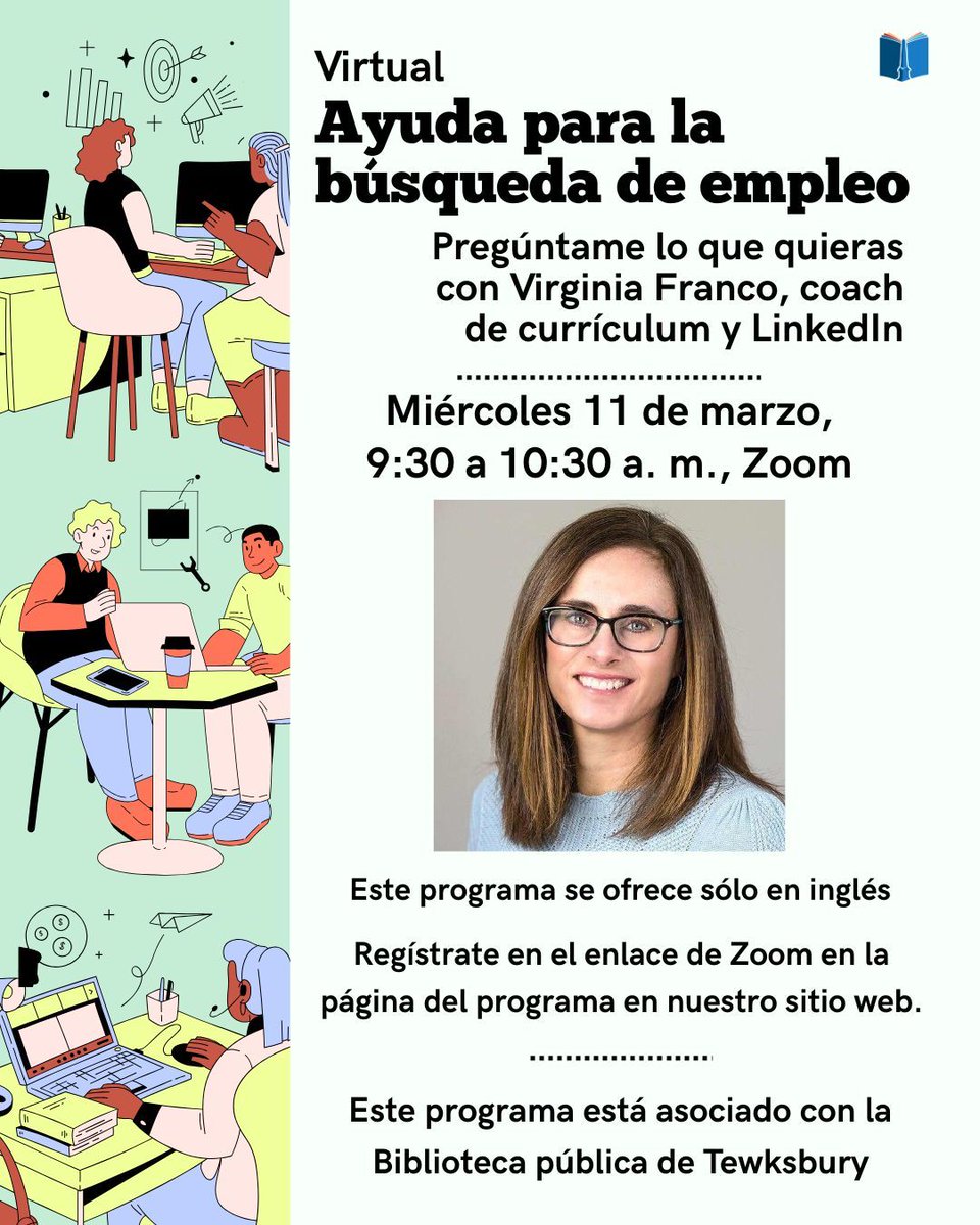 Virtual - JOB SEARCH HELP — AMA (Ask Me Anything) with Resume &amp; LinkedIn Coach Virginia Franco! Wed 11, 9:30—10:30AM, Zoom. Sign up for the Zoom link on the program page on our website: buff.ly/WRboPfy