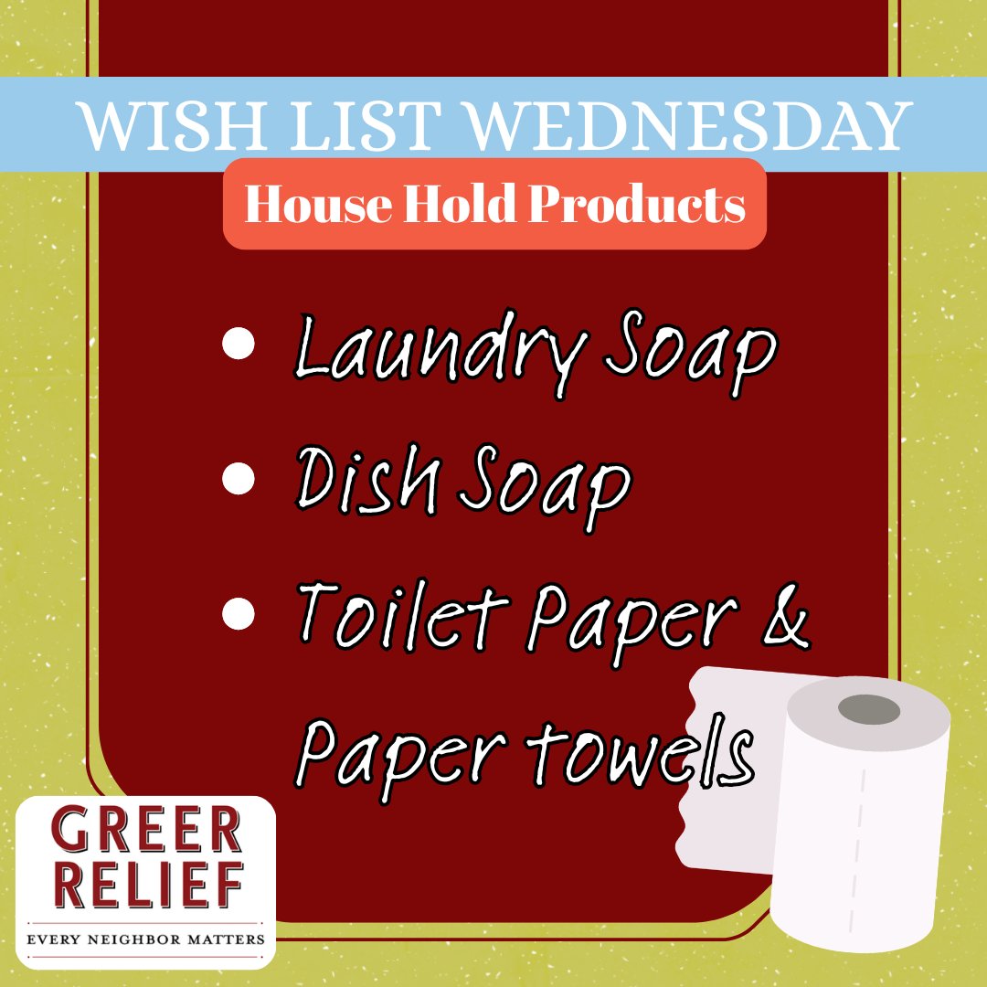 🧼 Wish List Wednesday 🧻

This week we need:
 • Laundry soap
 • Dish soap
 • Toilet paper
 • Paper towels

These everyday essentials make a big difference for local families.

🛒 Add one to your cart this week!
 📍 113 C Berry Ave, Greer

#GreerRelief #WishListWednesday