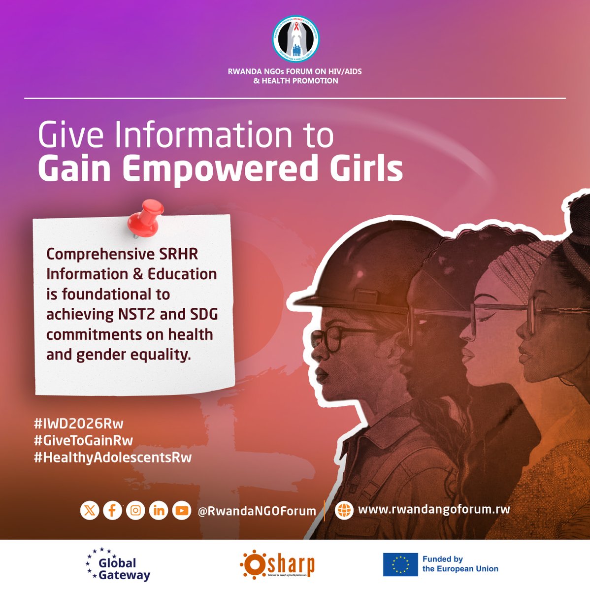RwandaNGOForum's tweet photo. Give Information to Gain Empowered Girls

Rwanda has made significant progress in advancing adolescent sexual and reproductive health. The expansion of youth-friendly services, improved access to modern contraceptives, a stronger legal framework regulating health care services, and continued reduction in maternal mortality reflect a national commitment to protecting girls’ health and rights. Compared to previous decades, adolescents today have greater awareness and more platforms to access information than ever before. This progress proves that when systems invest in knowledge and access, lives improve.

Yet important gaps remain. Misinformation about sexual and reproductive health persists, stigma continues to silence young people, and open conversations between parents and adolescents are still limited in many communities. Without accurate, age-appropriate, and stigma-free information, girls are left vulnerable to unintended pregnancies, unsafe practices, and missed opportunities to make informed choices about their futures.

This Women’s Day 2026, under the theme “Give To Gain,” we call for greater investment in comprehensive sexuality education, stronger parent-adolescent communication, and responsible digital awareness campaigns. When we give girls accurate information, we gain confident decision-makers, healthier families, and a stronger nation.

#IWD2026Rw
#GiveToGainRw
#HealthyAdolescentsRw