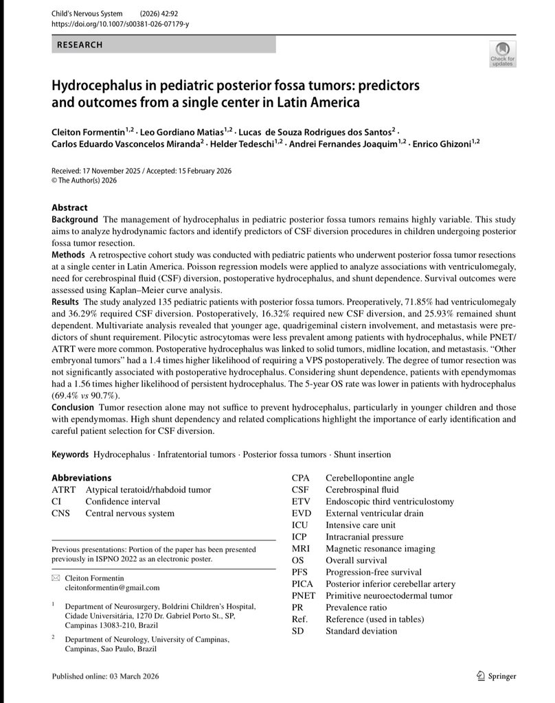 cleitonfmd's tweet photo. Happy to share the latest publication from the main study of my PhD research in Child's Nervous System.

We analyzed predictors of postoperative hydrocephalus and shunt dependence in children with posterior fossa tumors.

https://t.co/vRAC9VUxGU https://t.co/Dm6TV8kpOw
