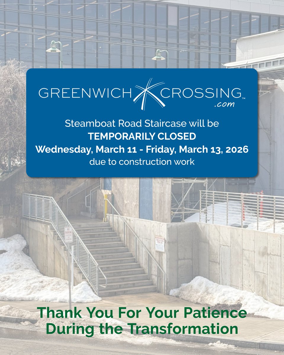 The Steamboat Road staircase will be temporarily closed Wednesday, March 11-Friday, March 13, 2026, due to construction work. To access train platforms – Greenwich Train Station, the Pedestrian Bridge, MTA elevators on platforms, and the staircases at Arch Street, Greenwich Plaza