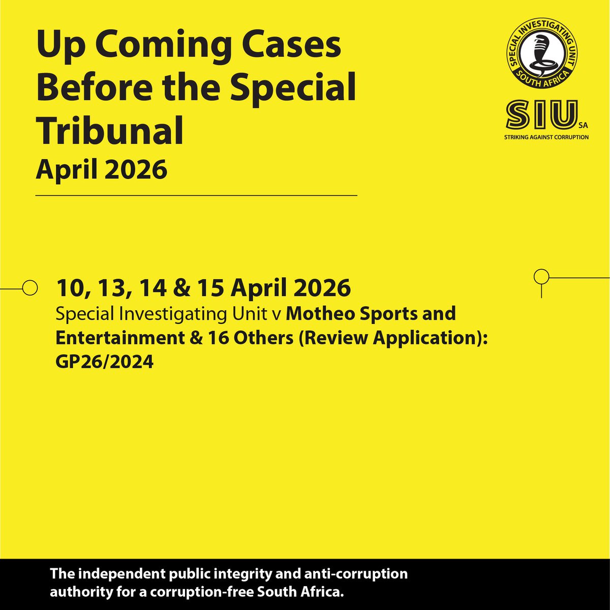 RSASIU's tweet photo. #SIUWorkingForYou| Together with investigating, the SIU is mandated to recover the financial loss the State has suffered due to corruption. We do this through civil litigation in the Special Tribunal or the High Court. Here are the matters enrolled before the Special Tribunal March and April.