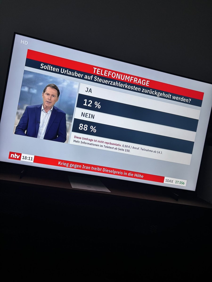 quotenmann's tweet photo. 88%: „Nein, mein Geld soll nicht genutzt werden, um Urlauber zurückzuholen!!“
Auch 88%: „Klar zahl ich mind. 50ct für ne schwindlige Umfrage, die den privaten News-Sender finanziert!! Take my Money!!“ 
#NTVNews #Iran #IranWar #Deutschland #Krieg https://t.co/0kHr6fgkLp