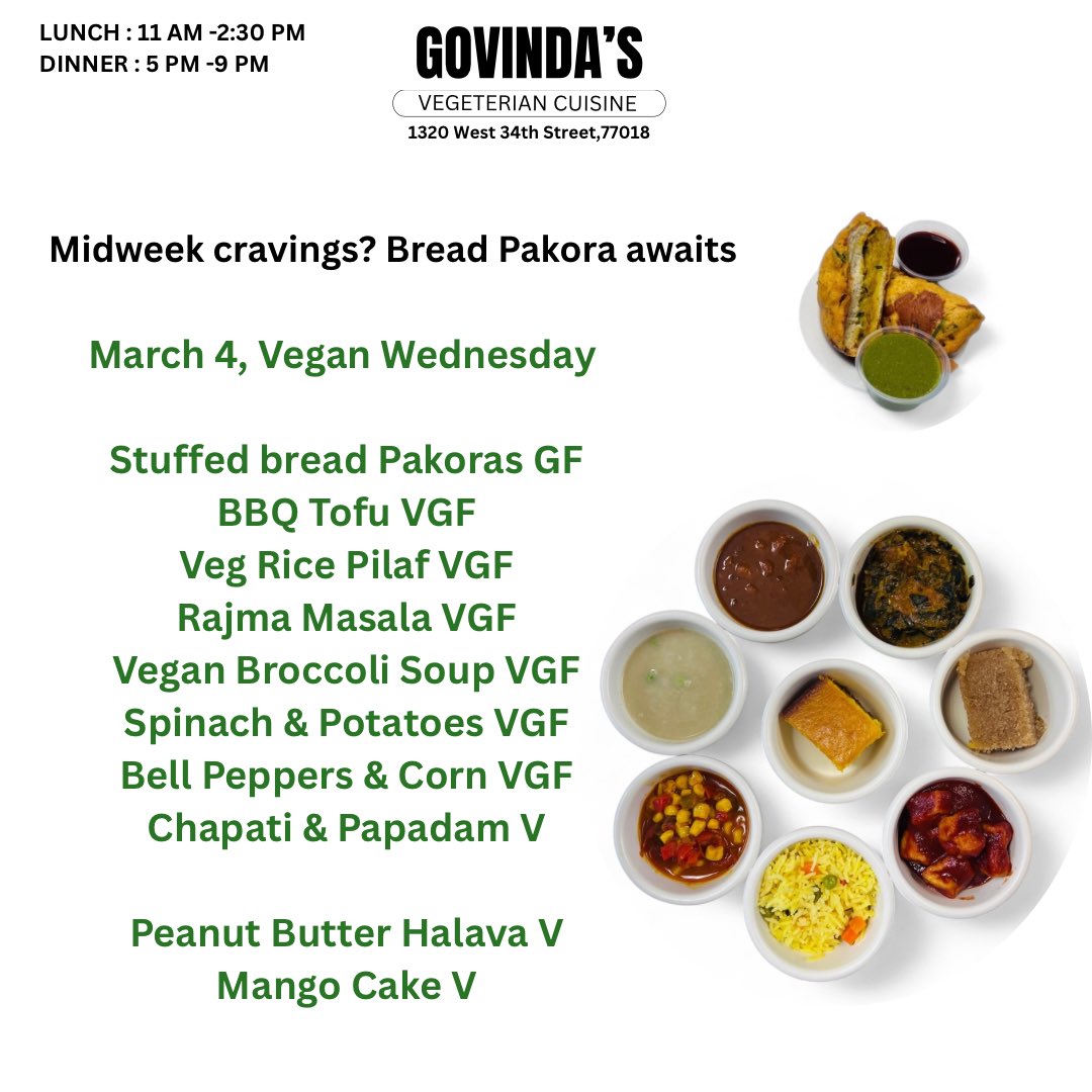 Midweek cravings? Bread Pakora awaits

March 4, Vegan Wednesday 

Stuffed bread Pakoras GF
BBQ Tofu VGF
Veg Rice Pilaf VGF
Rajma Masala VGF
Vegan Broccoli Soup VGF
Spinach &amp; Potatoes VGF
Bell Peppers &amp; Corn VGF
Chapati &amp; Papadam V

Peanut Butter Halava V
Mango Cake V