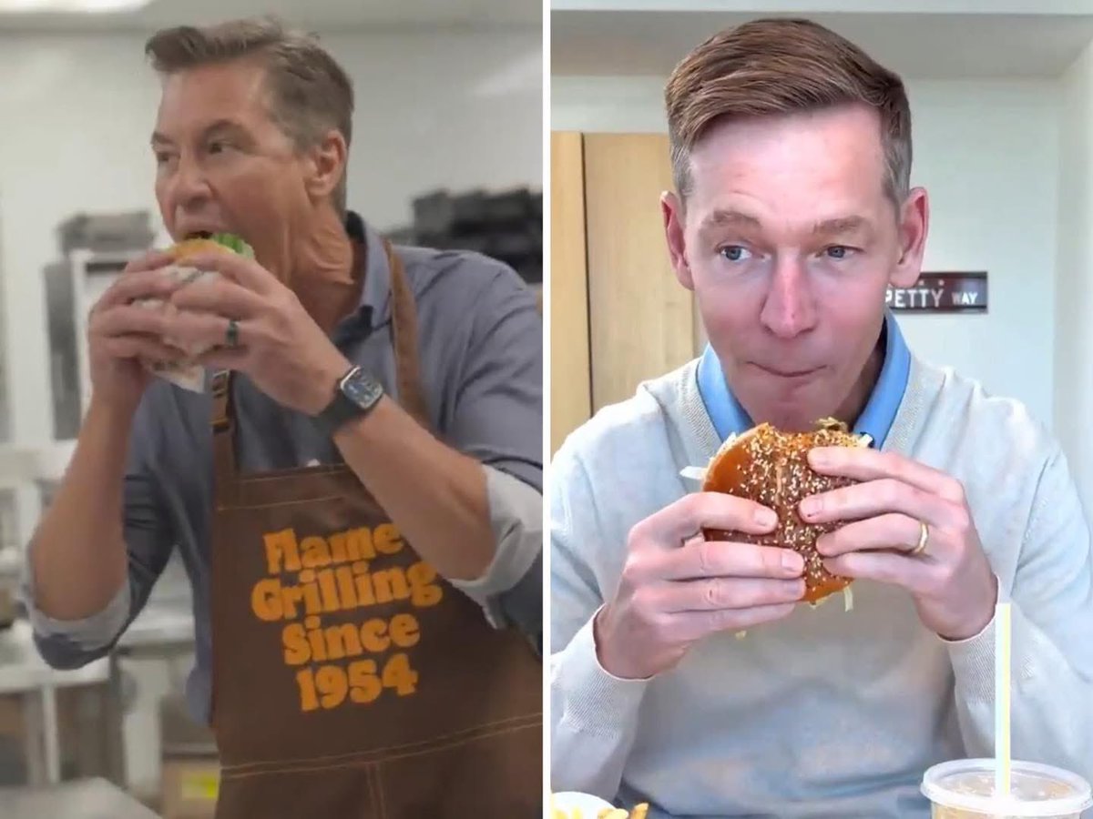 Burger King CEO takes a big bite of a Whopper in new video after McDonald’s CEO went viral for reluctantly nibbling the chain’s new Big Arch Burger😂🔥
