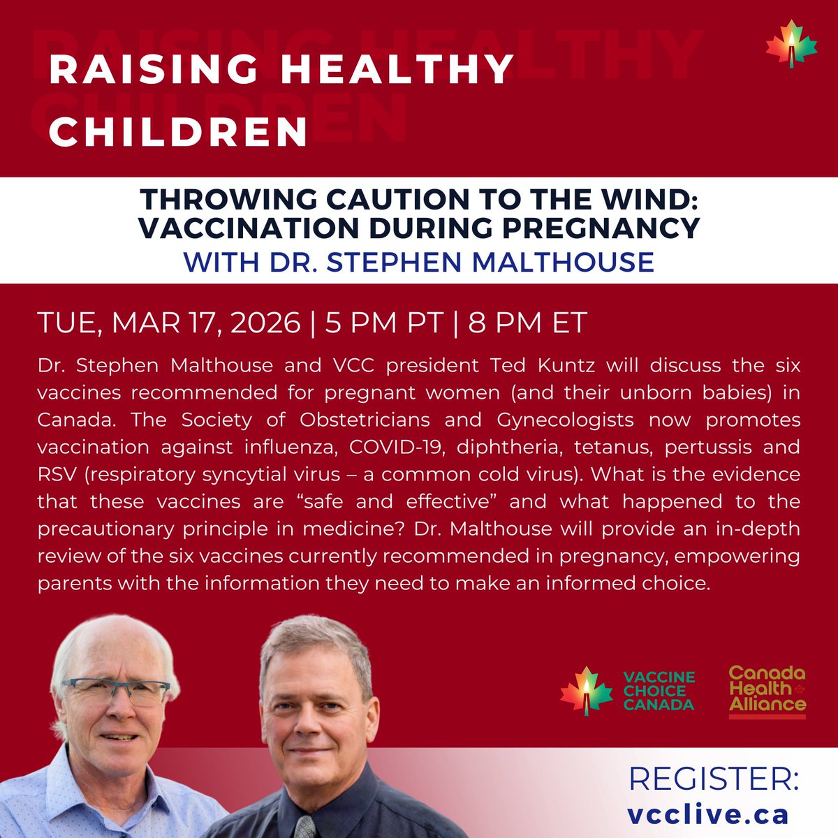 VaccineChoiceCA's tweet image. Join us on March 17th for a VCC Live interview with Dr. Stephen Malthouse and Ted Kuntz.

Registration link below:
us02web.zoom.us/meeting/regist…

#liveinterview #pregnancyhealth #PregnancyTips