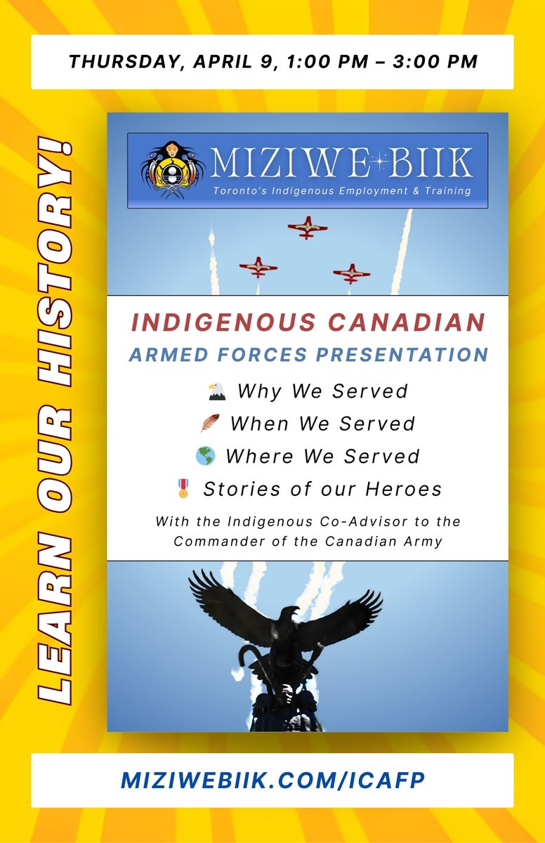 Indigenous and in the GTA?
🦅 Join us to learn about the history of our Indigenous service members within the Canadian Armed Forces!!
miziwebiik.com/icafp/