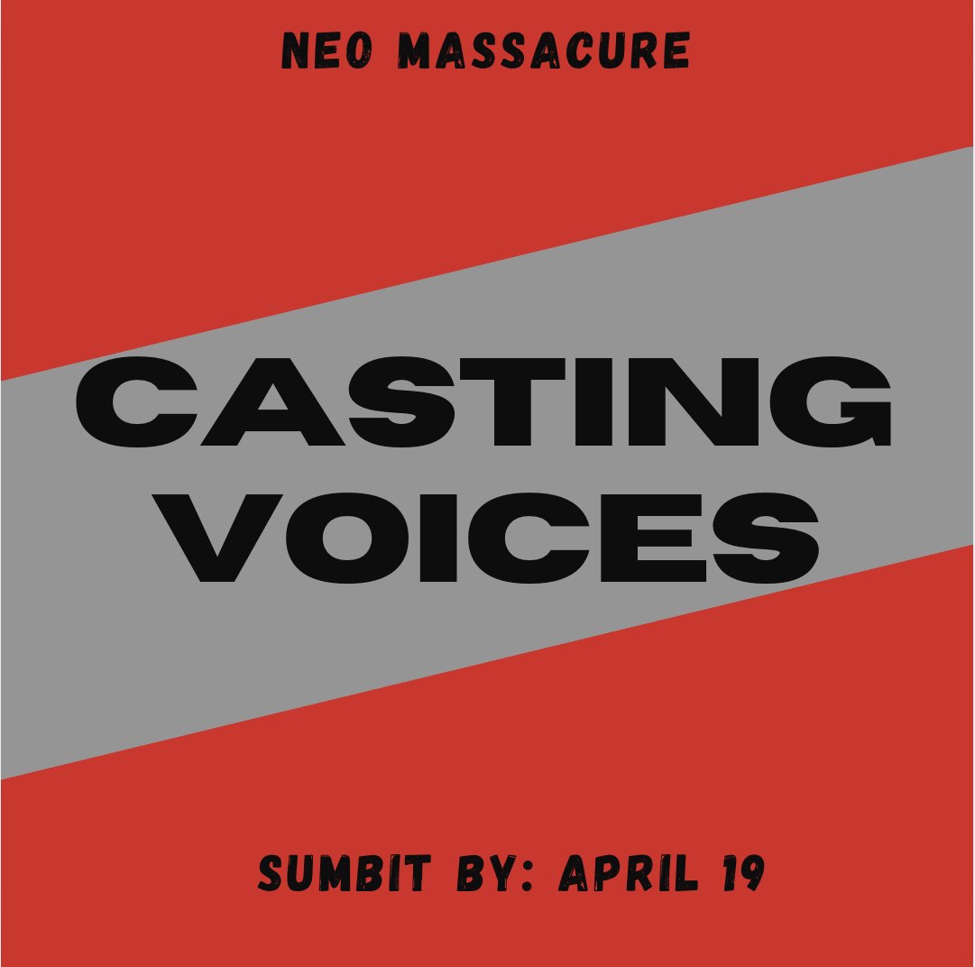 Known_as_white's tweet photo. Neo Massacre Auditions Are Here! 

We’re looking for talented voice actors to bring some of our characters to life! 🗡️💥
📅 When: Auditions are open till April 19
📲 Where: Submit your auditions through the form (https://t.co/0gPogBDouU) https://t.co/j7CnCyikZQ