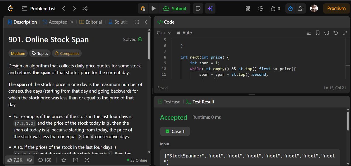 CodepathYash's tweet photo. Day 58 / 100 🚀
Today focused on Stack &amp; Monotonic Stack pattern.
Solved:
• LC 20 – Valid Parentheses (Easy)
• LC 901 – Online Stock Span (Medium)
• LC 739 – Daily Temperatures (Medium)
#100DaysOfCode #LeetCode #DSA #Stack #MonotonicStack #CodingJourney https://t.co/hNiUIplXlx