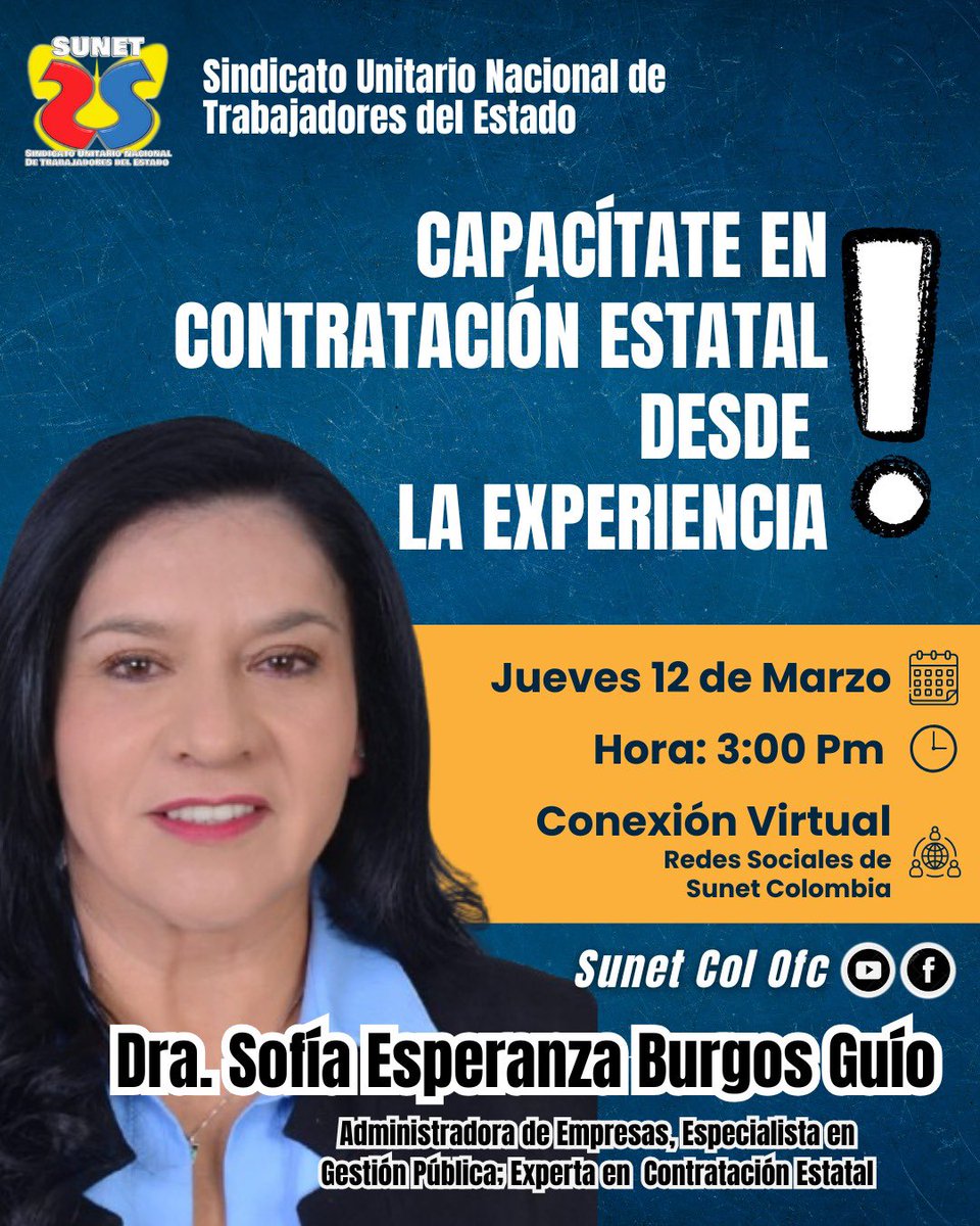 sunetcolofc's tweet photo. @sunetcolofc tiene el gusto de invitarte el próximo 12/03/26 a la capacitación virtual en: “Contratación Estatal desde la experiencia”
La conferencia será orientada por la Dra. Sofía Burgos, experta en contratación estatal.
Conéctate por nuestras redes sociales Facebook y YouTobe https://t.co/rCiSv8mRHV