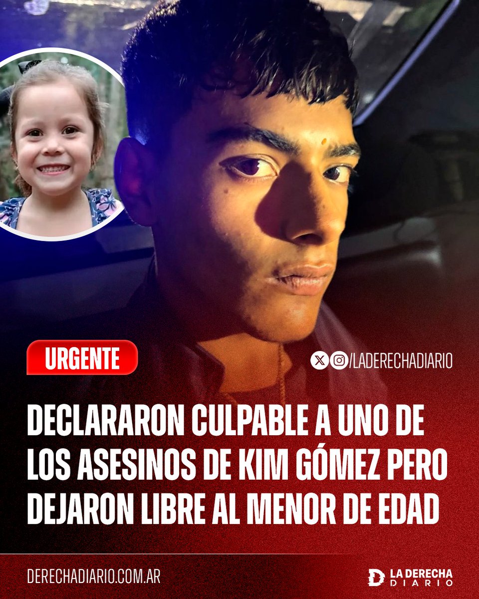 🚨🇦🇷 | #URGENTE Condenaron a prisión a Tobías Godoy, uno de los asesinos de la nena de 7 años arrastrada durante 15 cuadras hasta la muerte en un robo en La Plata, Kim Gómez, pero dejaron libre al otro homicida de 14 años, declarándolo "inimputable" por ser menor de edad.