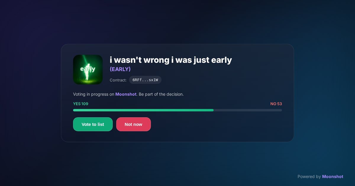 $early is super close to Moonshot listing — we're only a couple of votes away.
We're already at the last step with Moonshot, so now it's on the community to show up. This vote could be what pushes us over the line.

dexmoonshot.fun/#/vote/6RFfHjB…