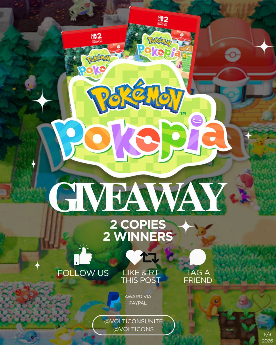 VolticonsUNITE's tweet image. @Volticons &amp;amp; @VolticonsUNITE are giving away 2 copies of Pokémon Pokopia 🎁

• 2 Copies 🃏🃏
• 2 Winners (1 Selected + Friend) 🫂

How to enter:
• Follow @Volticons &amp;amp; @VolticonsUNITE ⚡️🐉
• Like and Retweet this Post 🩷♻️
• Tag a friend 📍

⏰ Winner will be announced in