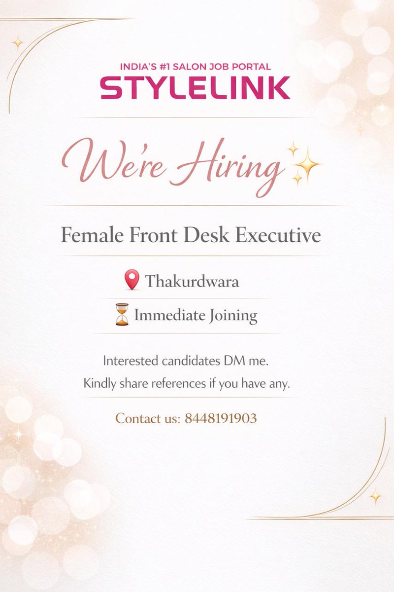 stylelinkindia's tweet photo. We’re hiring a Female Front Desk Executive for immediate joining.
📍 Thakurdwara, UP
⏳ Immediate Joining
Interested candidates DM now or call 8448191903.
Know someone perfect for the role? Please tag them.
#SalonJobs #BeautyJobs #hiresalonstaff #FrontDeskJob #Stylelink https://t.co/JlNpIAbfb2